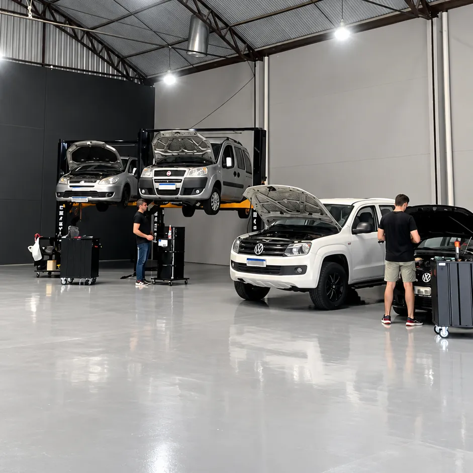 Elevadores e Volkswagen Amarok em atendimento no galpão da Evos Automotive